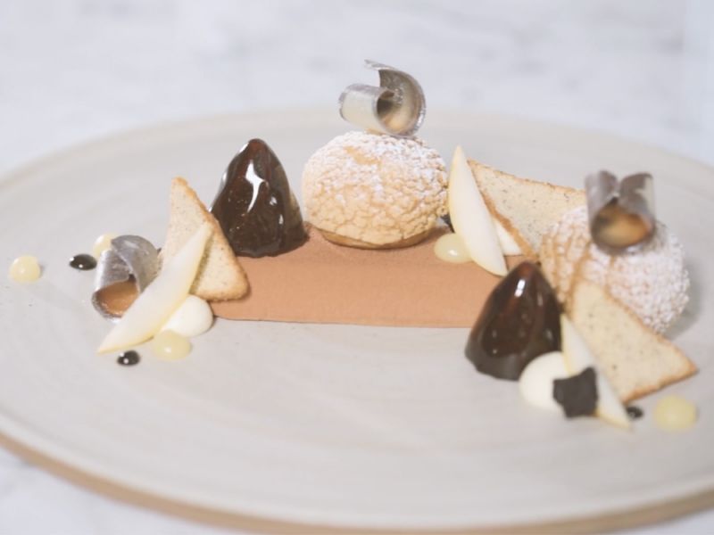 Chocolate, Praline, and Pear Plated Dessert