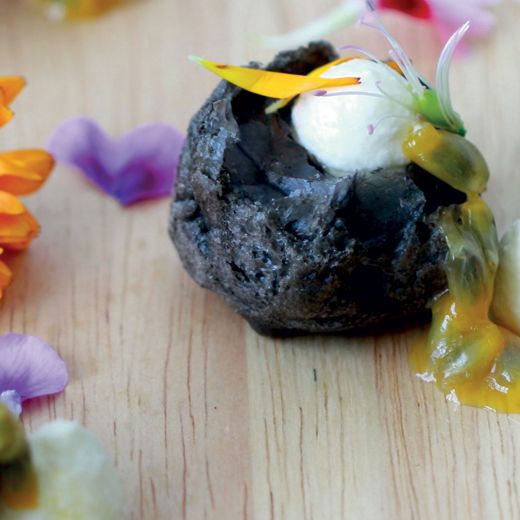 White chocolate and soursop in bamboo charcoal profiteroles