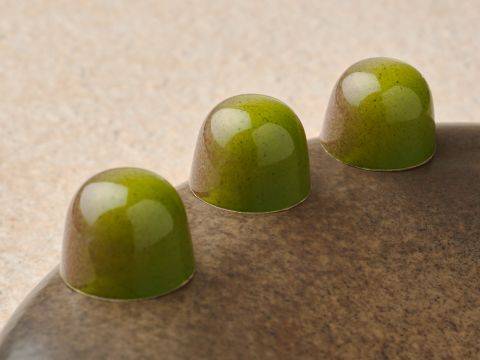Pralines with matcha sesame ganache & calamansi jelly