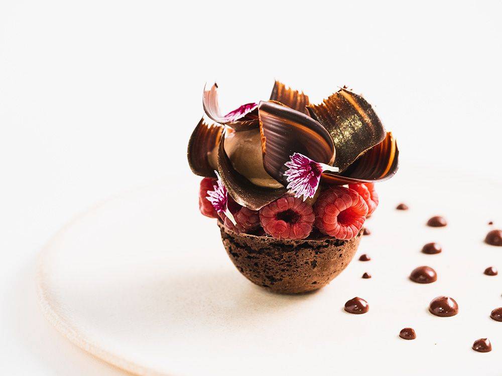 Raspberry and Chocolate Pavlova Plated Dessert