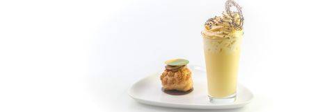 Passion fruit white chocolate drink with choux pastry